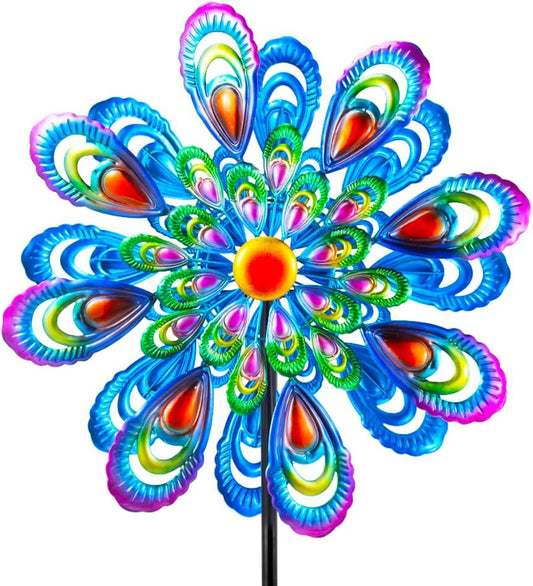 Peacock Wind Spinner, 21" Dia Large Kinetic Wind Sculptures & Spinners Outdoor, 68 Inch Tall Metal Windmill for Garden Yard Decor