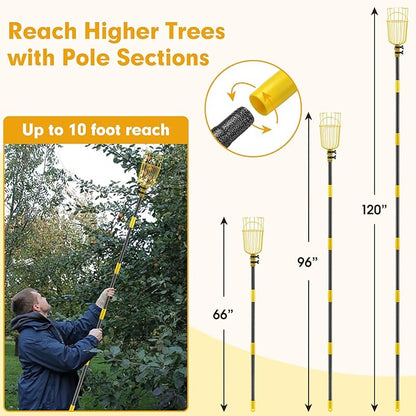 Apple Picker,156 Inch Long Handle Fruit Picker Pole with Basket for High Fruit Tree,Splicing Adjustable Apple Fruit Picker Pole for Pear,Orange,Peach,Lemon,Plum,Mango Tall Trees Fruit Grabber