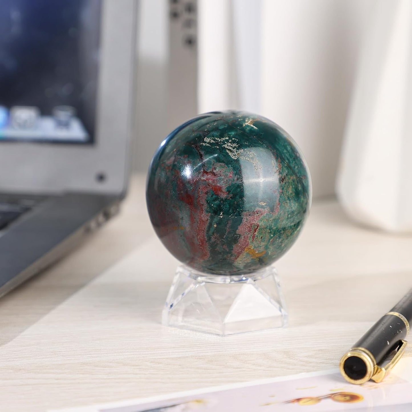 Natural Ocean Jasper Crystal Ball with Acrylic Display Base, 61-70mm Polished Stone Feng Shui Crystal Sphere Meditation Decoration for Home & Office