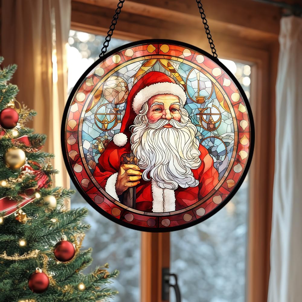 Santa Stained Glass Window Hanging, Christmas Sun Catcher Panel Decoration, Santa Ornament for Xmas, Glasswork Hanging Ornament, Christmas Glass Decor, Xmas Gifts for Winter Home