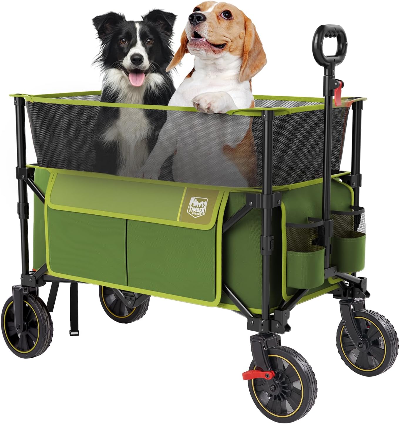 TIMBER RIDGE 350L Extra Large Collapsible Folding Wagon Carts with Brake, Heavy Duty Outdoor Camping Utility Wagons with Extended Height, Adjustable Handle, Cup Holders, Side Bag(Green)