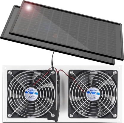 20W Solar Powered Fan Kit, IPX7 Weatherproof Dual Fan, Solar Exhaust Intake Cooling Ventilation for Chicken Coop,Greenhouse,Shed,Pet House,Outside with 11Ft/3.5m On/Off Switch Cable
