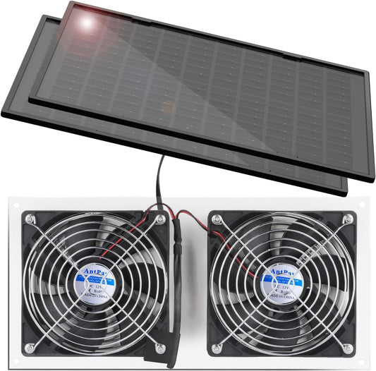 20W Solar Powered Fan Kit, IPX7 Weatherproof Dual Fan, Solar Exhaust Intake Cooling Ventilation for Chicken Coop,Greenhouse,Shed,Pet House,Outside with 11Ft/3.5m On/Off Switch Cable