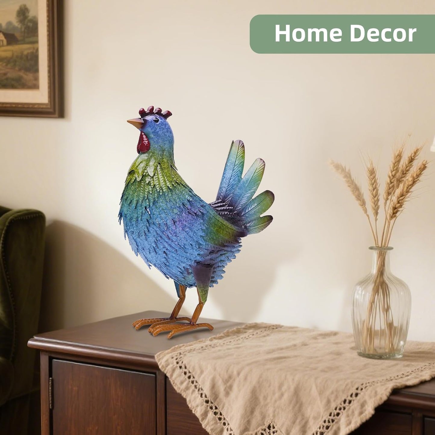13.4" Metal Blue Chicken Garden Sculptures & Statues for Outdoor Garden Decorations ,Hen Statue for Home Decor, Gradient Impressionist Colors, Handmade Gift for Grandma, Gardener Christmas Holiday