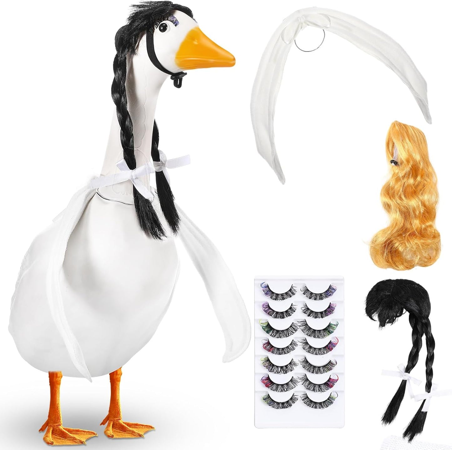Aliceset 6 pcs Porch Goose Wings with Wigs Eyelash Cute Goosey Braid Wigs PoseAble Wings Reusable 3D Salon Eyelashes with Color for 23/17'' Outdoor Patio Yard Lawn Art Decoration (Elegant)