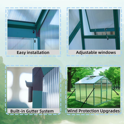 72*72in Greenhouse for Outdoors, Polycarbonate Greenhouse with Stronger Wind Protection and Roof Vent, Walk-in Large Aluminum Sunroom Winter Proof, Green