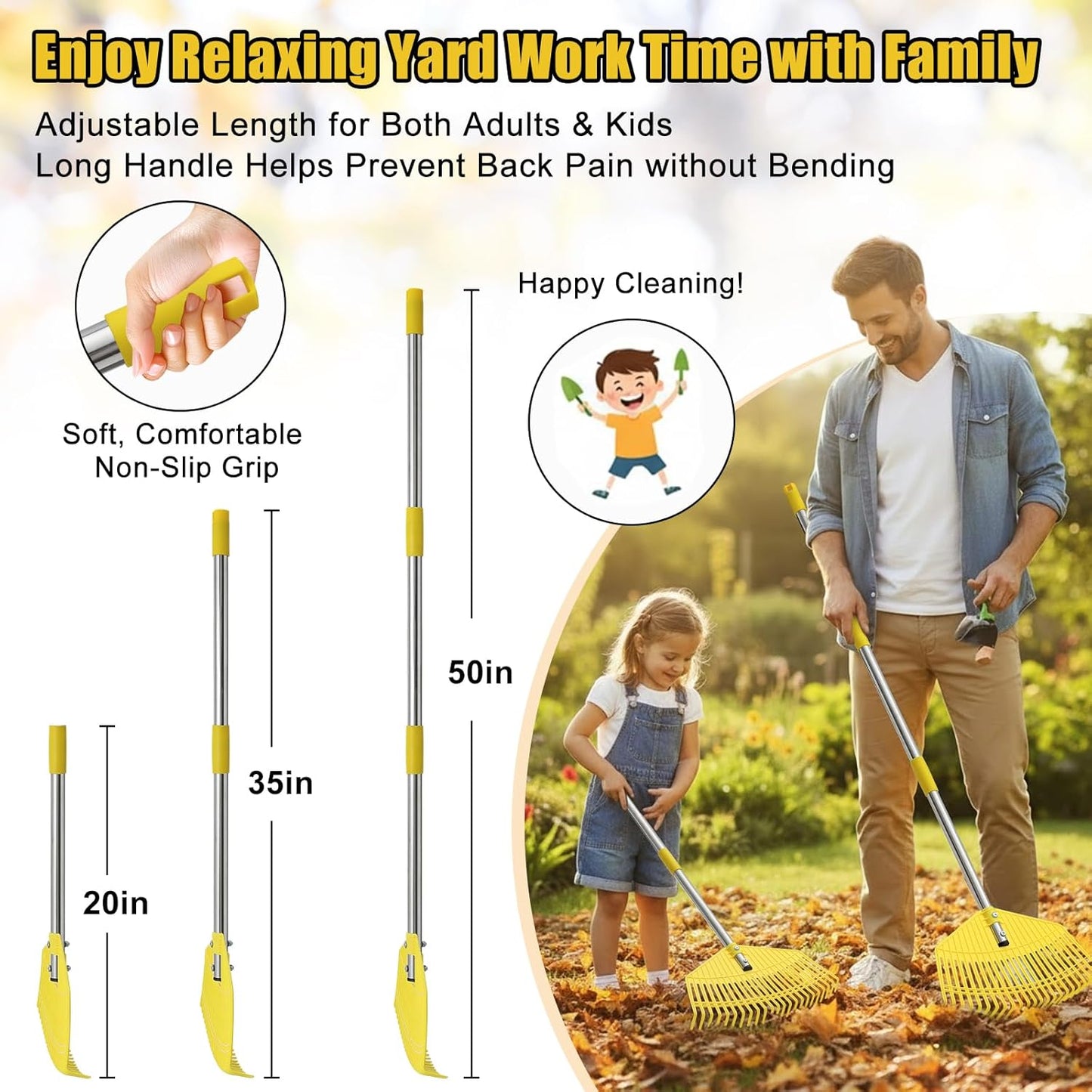 Plastic Leaf Rake for Lawns - Non-Clog, Heavy-Duty 16.5'' Wide Yard & Garden Rake for Leaves, Grass, Pine Needles, 1'' Stainless Steel Adjustable Handle, Easy Use for Women,Seniors,Kids