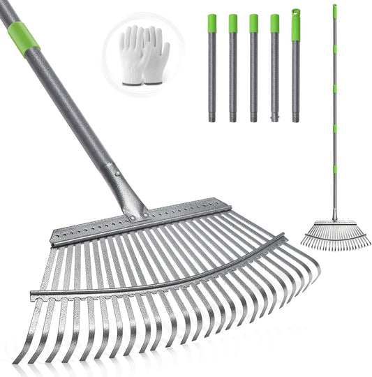 GARDENWORK Garden Leaf Rake,73" Long Handle Rake for Leaves,18" Wide Metal Garden Rakes with 25 Reinforced Tines and Adjustable Handle for Lawn,Shrub,Grass,Flower Beds