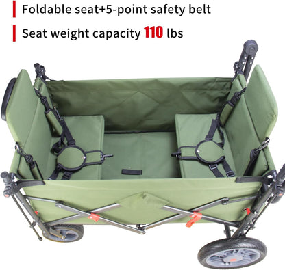 Collapsible Foldable Wagon Cart with Quick-Release Wheels & 2 Seats - Heavy-Duty Utility Wagon 265LBS Capacity for Camping, Garden, Shopping (Green)