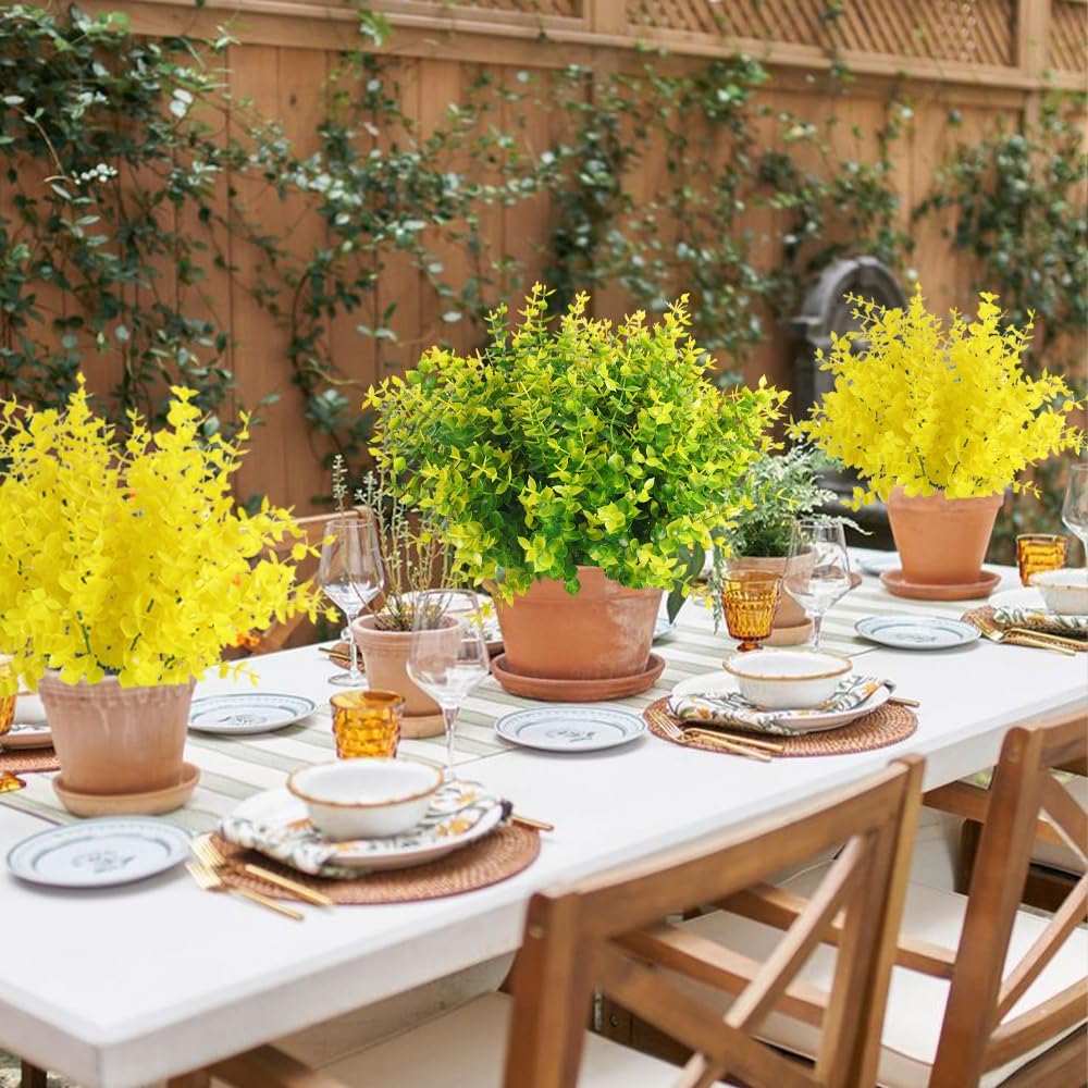 RECUTMS Artificial Flowers, Fake Outdoor UV Resistant Plants Faux Plastic Greenery Shrubs Indoor Outside Hanging Planter Home Kitchen Office Wedding, Garden Decor(Pure Yellow Eucalyptus)