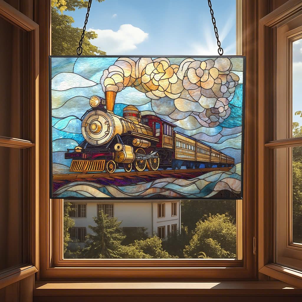 Personalized Rectangle Art Nouveau Steam Train Suncatcher Stained Glass Stained Glass Window Hanging Home Decor Garden Halloween Christmas Wedding Housewarming Gifts