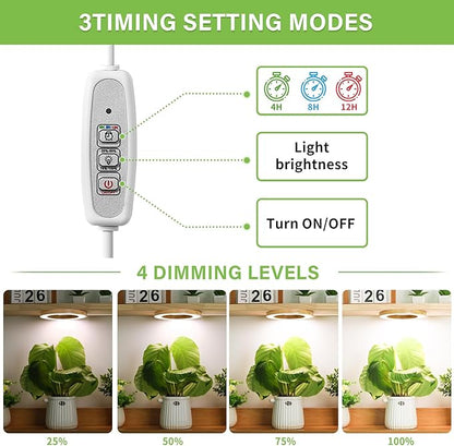 LORDEM 6.3" Bamboo Ceiling Grow Lamp for Indoor Plants, 216 LEDs Full Spectrum Halo Plant Light, Under Cabinet Grow Lights with 4/8/12H Auto Timer Switch Modes, 4 Dimmable Brightness Levels, Tri Head