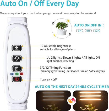 3 Head LED Grow Light Strips for Indoor Plants Full Spectrum 3500K, 144 LEDs Plant Light Bar with 3/9/12H Timer, 10 Dimmable Levels for Seedling Succulent, 13 Inches