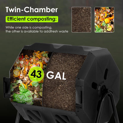 43 Gallon Compost Bin Outdoor Tumbling Composting Bins Compost Tumbler Bucket Trash Can w/Dual Chamber Sliding Doors for Garden Patio,Black Door