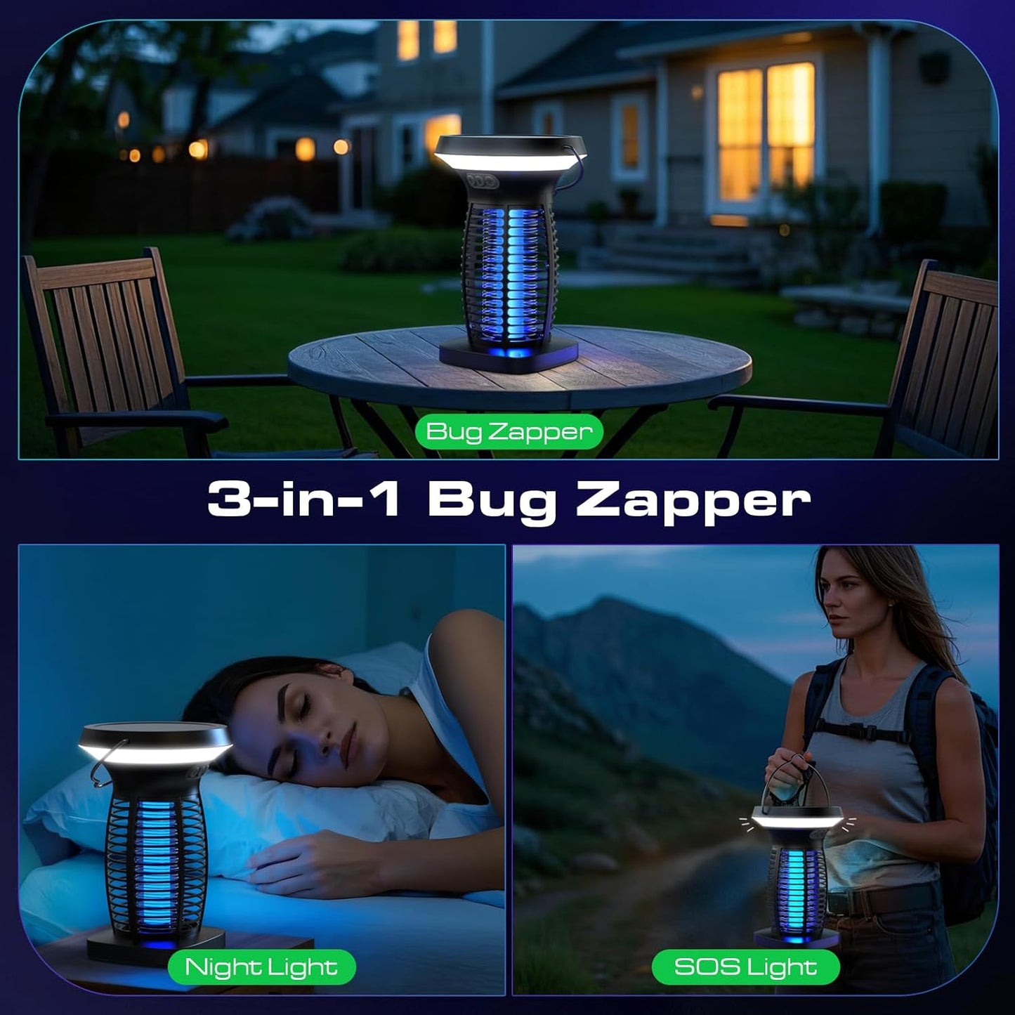 Solar Bug Zapper Outdoor, Mosquito Zapper Outdoor Waterproof Electric Rechargeable Fly Zapper with Solar Panel, 4200V Fly Trap Indoor for Home Backyard, Patio, Garden, Camping
