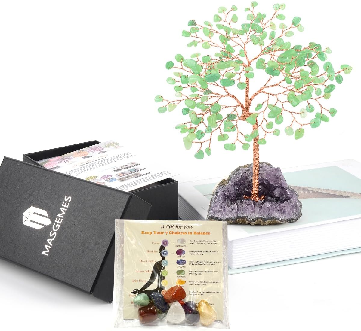 Green Aventurine Healing Crystal Tree – Jade Tree with Amethyst Cluster Base Positive Energy for Home and Office Decoration 5.5-6.3 Inches