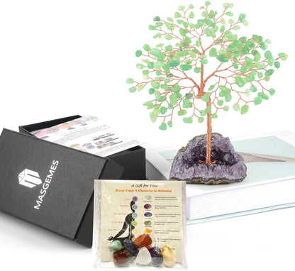Green Aventurine Healing Crystal Tree – Jade Tree with Amethyst Cluster Base Positive Energy for Home and Office Decoration 5.5-6.3 Inches