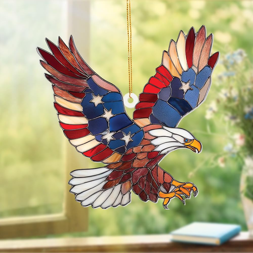 Bald Eagle Patriotic Ornament – Stained Glass American Flag Suncatcher, Acrylic Hanging Decor, USA Pride Home Office Gift, Veterans Independence Day & 4th of July Christmas Tree Ornament (Sun-11)