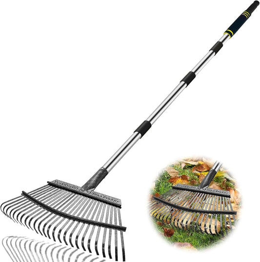 Rake Heavy Duty 6FT Long Garden Rake , 18.5 Inch Wide, 25 Metal Tines, Adjustable Stainless Steel Handle, Leaf Rakes for Leaves, Yards, Grass, Garbage, Weeds, Debris (Black)