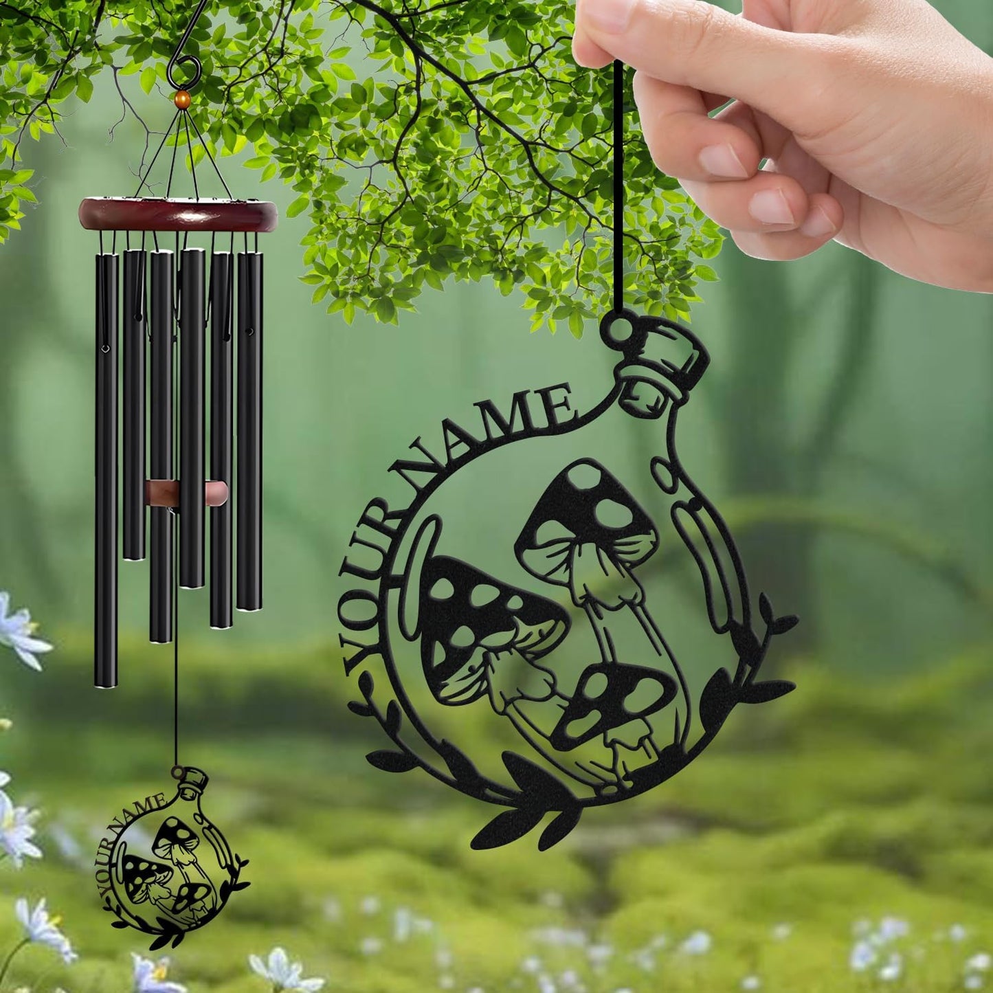 Personalized Customize Name Fantasy Mushroom Wonderland Wind Chime, Metal Iron 37 Inch Outdoor Memorial Gift for Garden Yard Patio Home Decor, Black (Style B)
