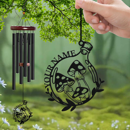 Personalized Customize Name Fantasy Mushroom Wonderland Wind Chime, Metal Iron 37 Inch Outdoor Memorial Gift for Garden Yard Patio Home Decor, Black (Style B)