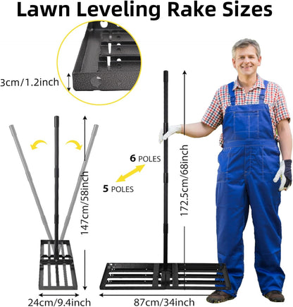 Lawn Leveling Rake Heavy Duty Stainless Steel Landscaping Tool, 34" X 9.4" Yard Leveling Rake with Sturdy Wire Rope Ideal for Backyard, Garden, Golf Course, Farm, Pasture