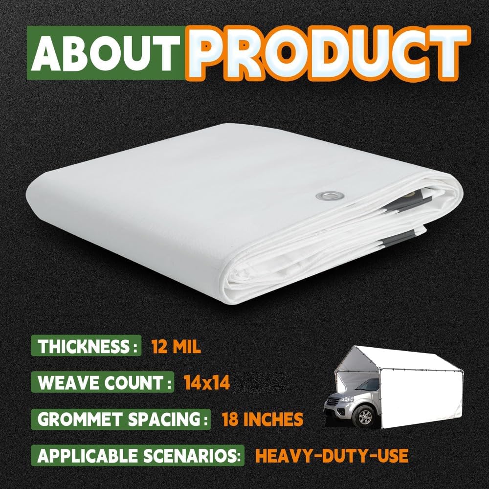 RAINDEWAY 12 Mil Heavy Duty White Tarp 7x9 Feet, UV Resistant, Waterproof, Weatherproof Poly Tarp with Metal Grommets and Reinforced Edges