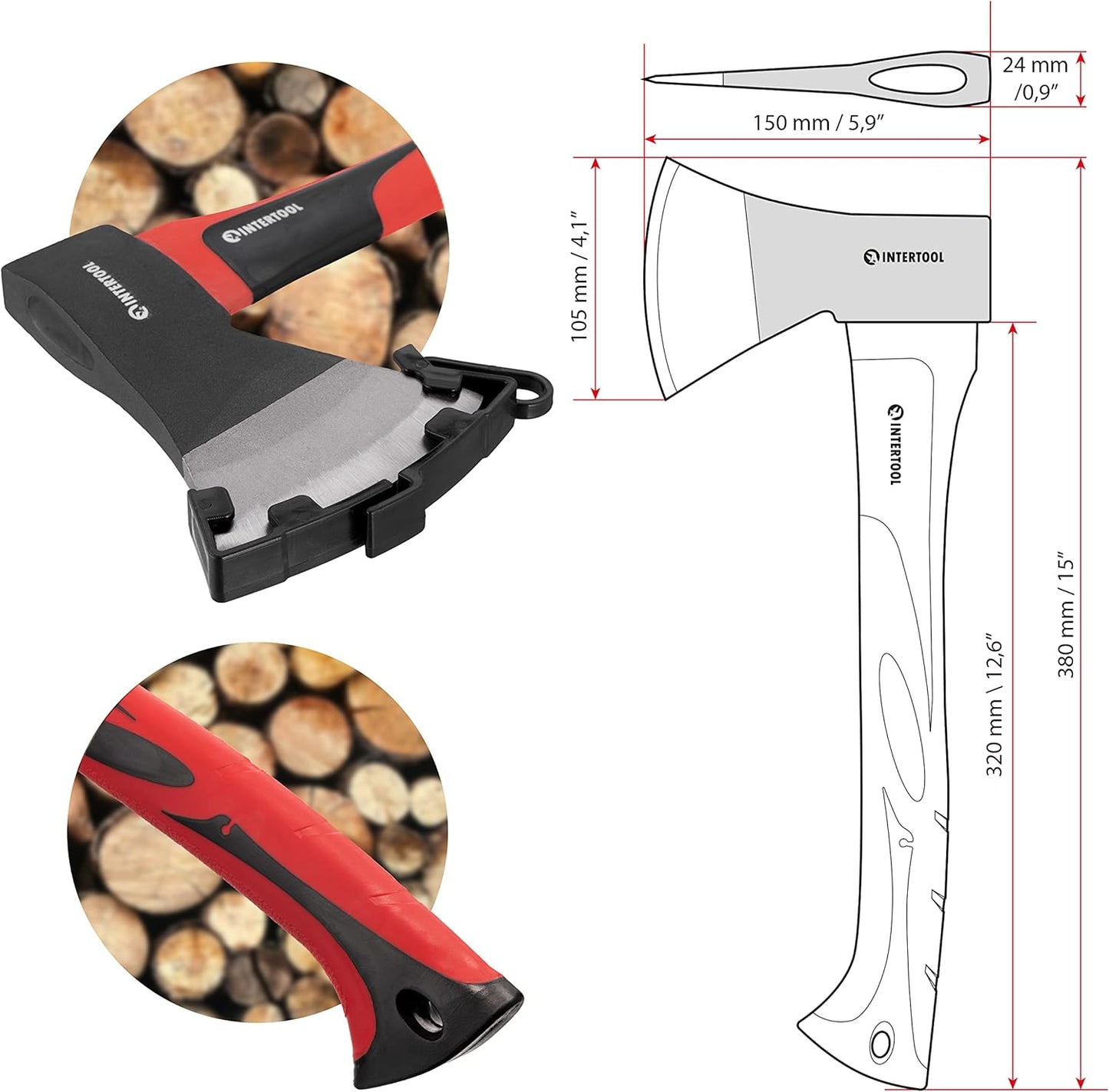 INTERTOOL 15” Hatchet and 36” Chopping Axe Set - Small Ax and Tree Felling Tool with Shock Absorbing Fiberglass Handles & Blade Protectors HT-0261-0264