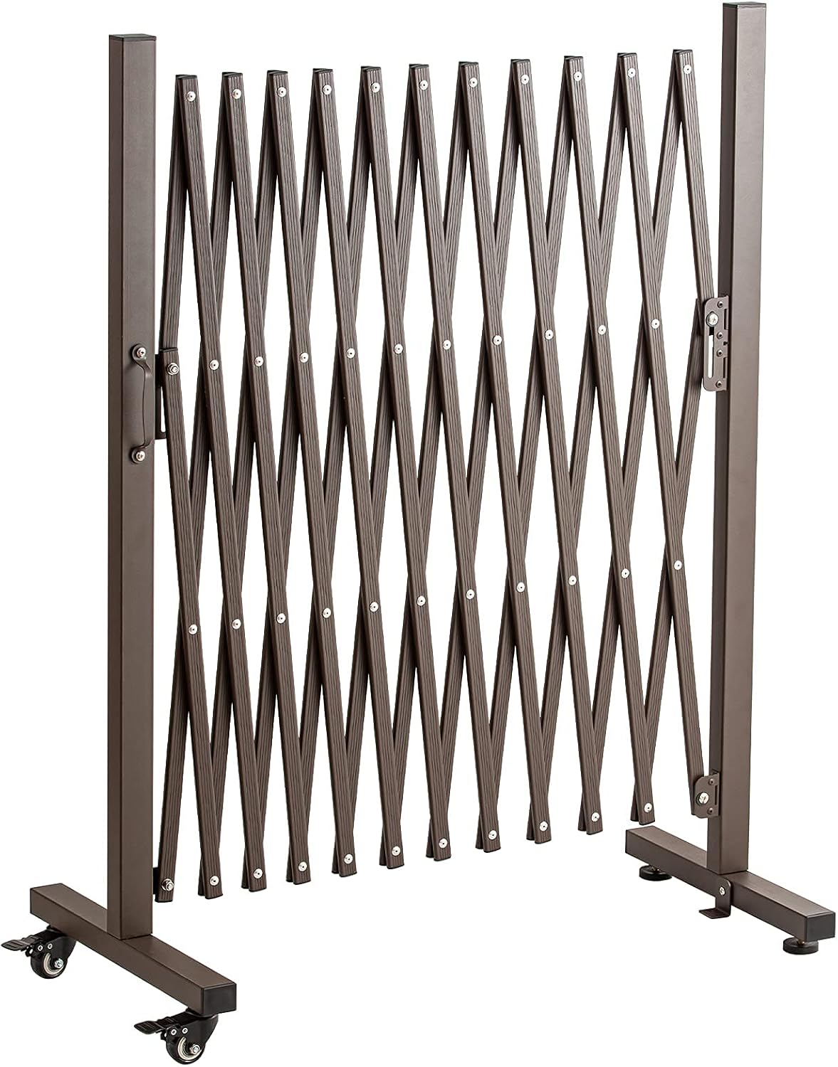 TECSPACE Aluminum Expandable Garden Fence, Portable Barricade Gate with Casters, Adjustable Retractable Fence Mobile Barricade Safety Barrier (Brown, 130×15×41 inch)