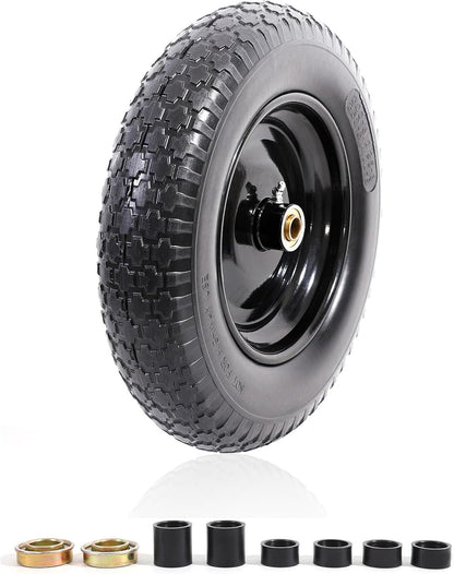 MZREXN 14.5" Wheelbarrow Tire Flat-Free 3.00/3.25/3.50/4.00-8" Solid Tire and Wheel with 3"-7" Centered Hub, 3/4" & 5/8" Bearings Replacement for Hand Truck/Dolly/Utility Cart/Garden Cart 1PCS Black