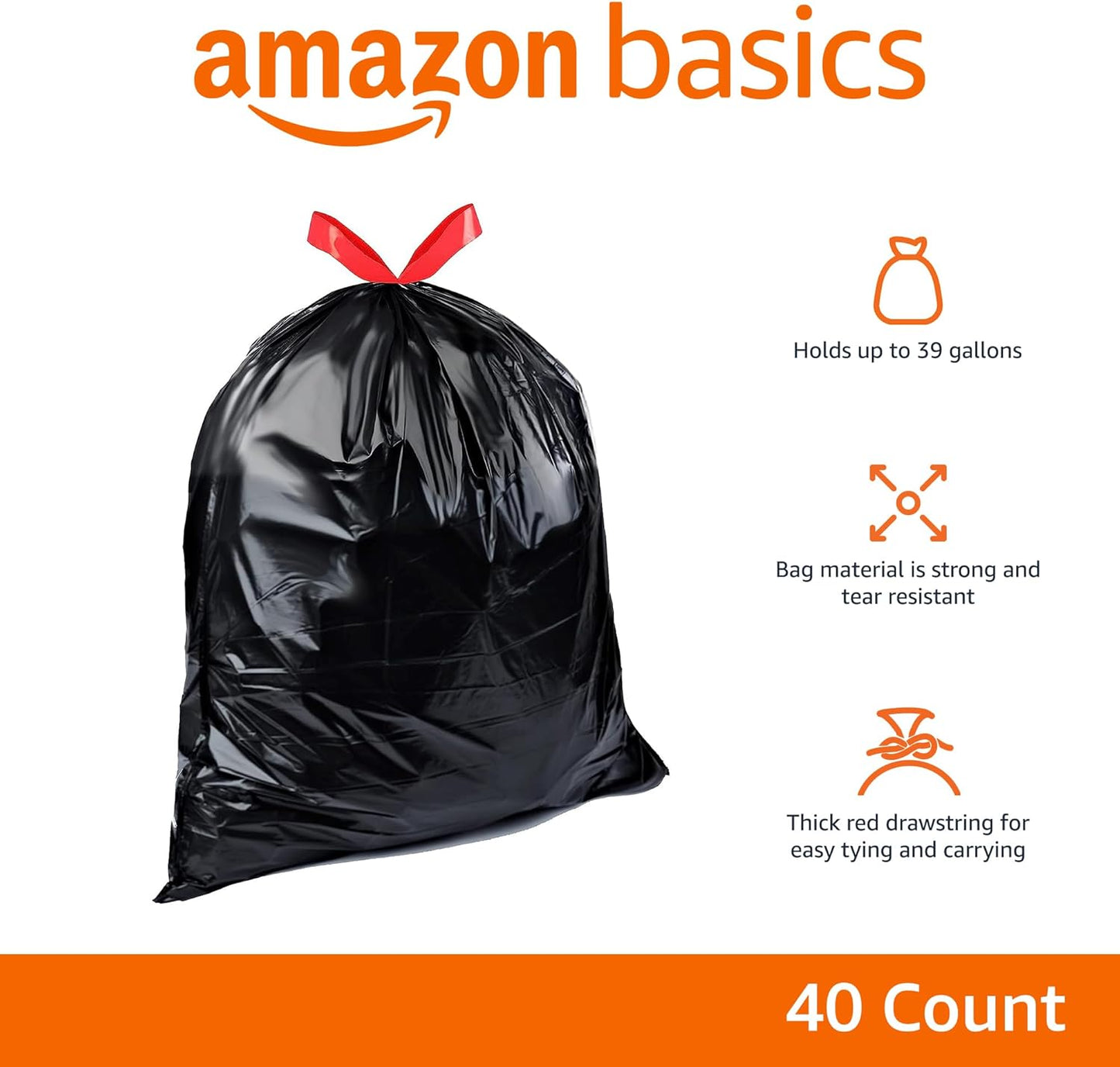 Amazon Basics Lawn & Leaf Drawstring Trash Bags, 39 Gallon, 40 Count (Pack of 4)