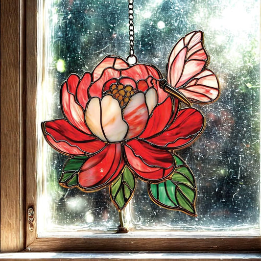 Butterfly and Peony Acrylic Suncatcher Stained Glass Effect Window Car Hanging Christmas Ornament