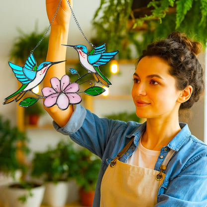 Stained Glass Window Hanging, Duo-Humming Bird Style, Colorful Sun Catcher Panel for Indoor/Outdoor Décor, Garden & Coastal Ornament, Handmade Glass Wall Art Gift for Women and Mom & Bird Lovers