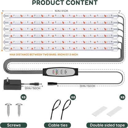 6 Bars Grow Light Strips for Indoor Plants with Auto ON/Off Timer 6/12/18H, 5 Dimmable Levels for Shelves Plant Growing(Pack 2)