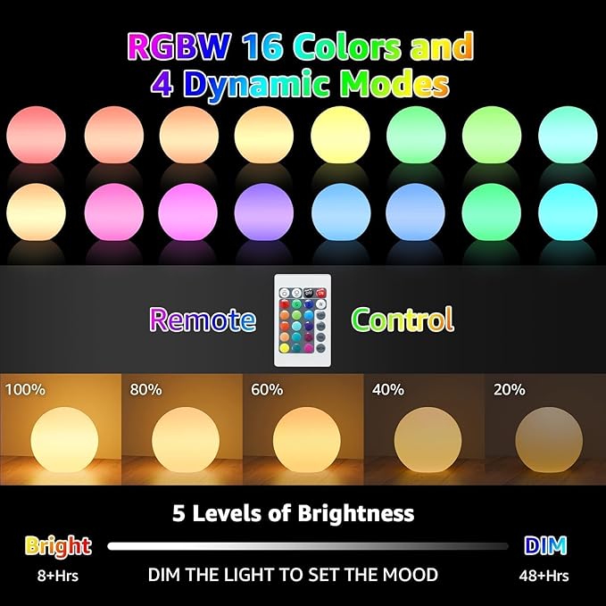 FUYO LED Ball Light, 10-inch Solar Light Up Pool Balls, Rechargeable & Remote Control Globe Lights 16 RGB Colors Mood Night Light, IP66 Water-Resistant Floating Light for Pool, Party, Pond - 1pcs
