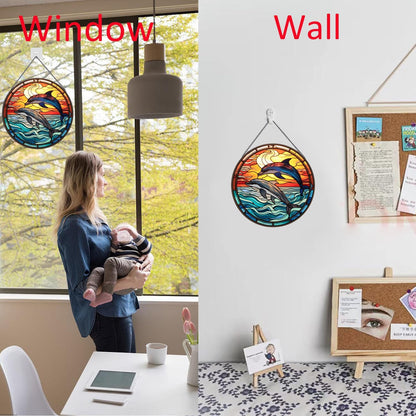 Jumping Dolphin Pattern Suncatcher Stained Glass,Hanging Stained Glass for Windows,20cm/7.87inch Sun Catcher Garden Hangings Ornaments Halloween Fall Christmas Decor for Home