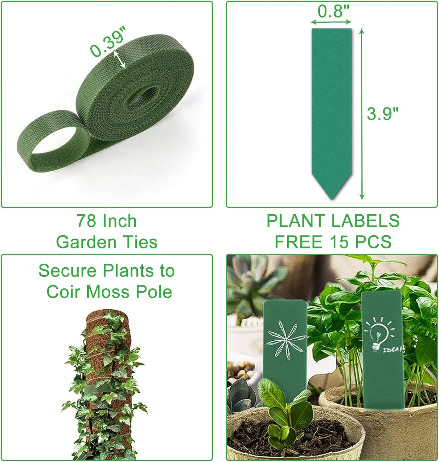 GROWNEER 42 Inch Moss Pole for Plants, 4 Pcs 15 Inch Stackable Coir Totem Support, Moss Sticks with 15pcs Labels and 78in Garden Ties, Monstera and Snake Plants Stake for Climbing Indoor