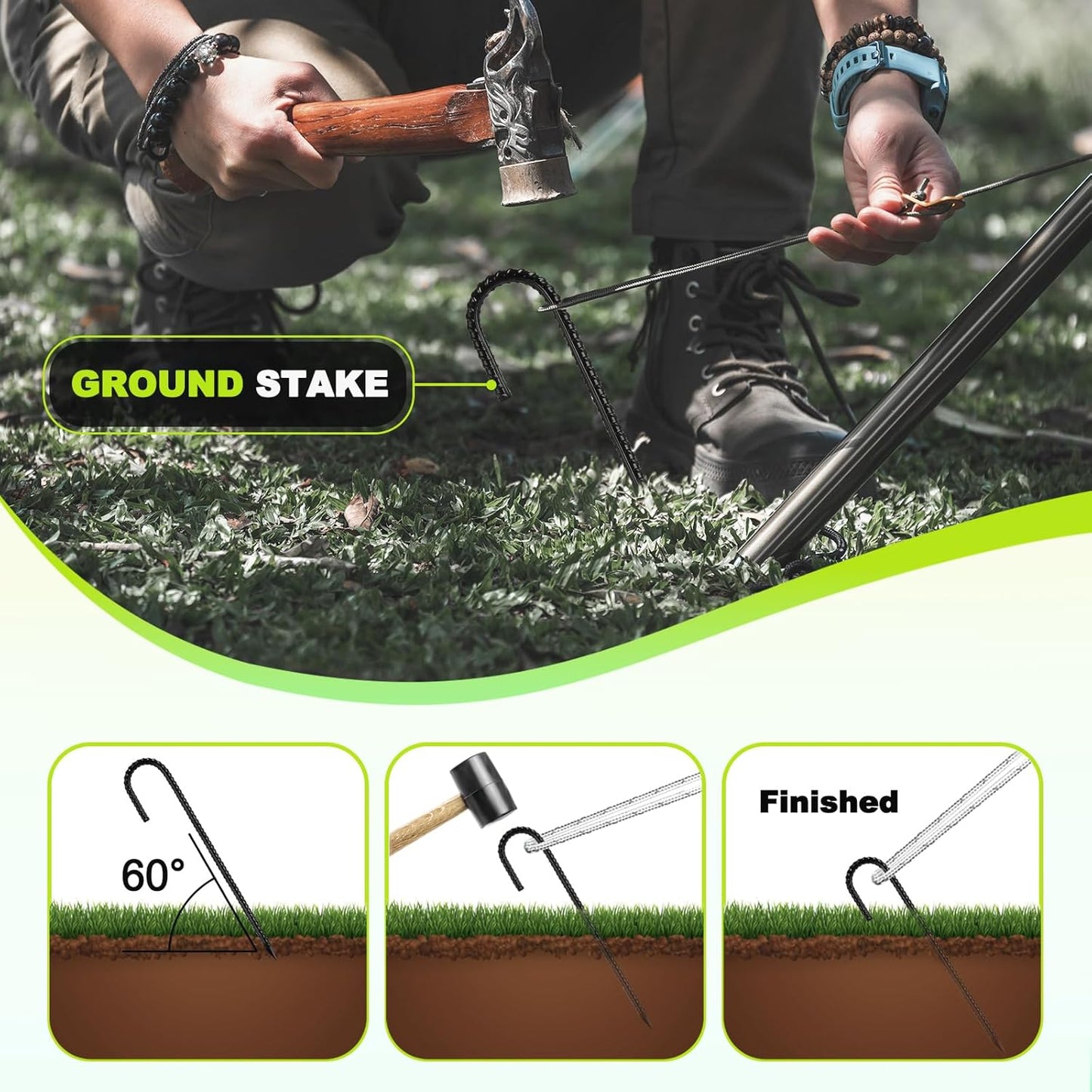 Kadrick 32-Pack Rebar Stakes 12 inch，J Hook Ground Stakes Anchors, Black Galvanized Fence Stakes,Heavy Duty 5/16'' Diameter