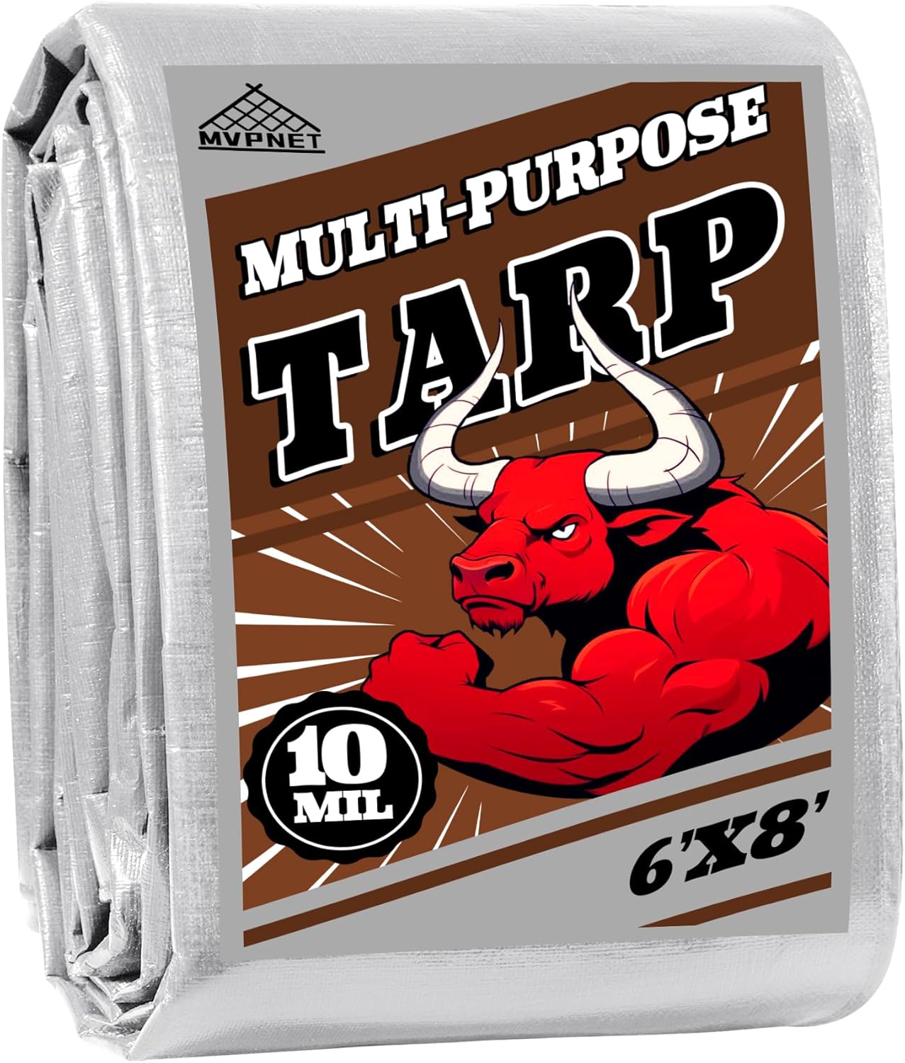 Tarp 6x8 ft Heavy Duty 10mil Silver/Brown 100% Waterproof High Durability Multipurpose Outdoor Tarpaulin,Uv Resistant,for Courtyards,Camping, Canopy, Trailer, Boats, Camping, Etc -by MVPNET