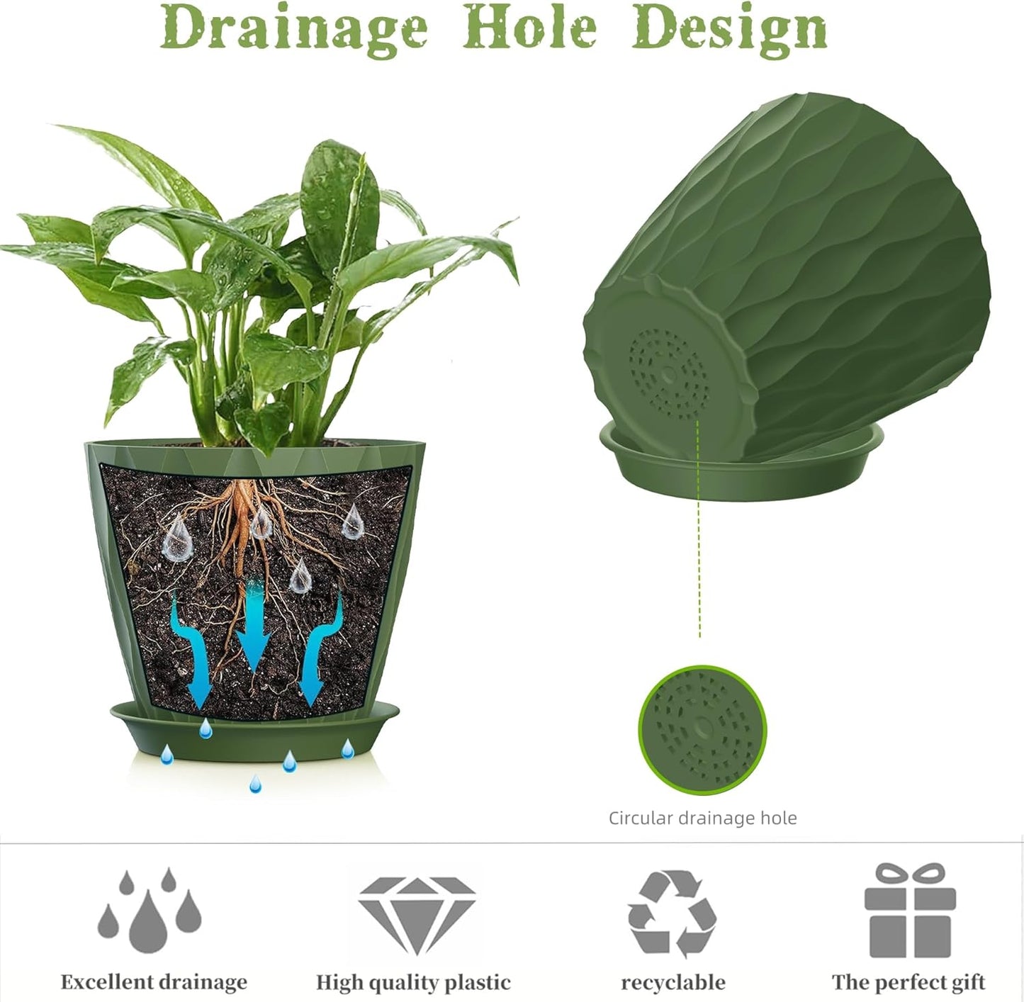 5 Inch Planter Pots, 6 Pack Indoor Planters, Small Flower Pots with Drainage Holes and Tray for Succulents, Orchids, Herbs and Other Indoor Plants (Green, 5inch)