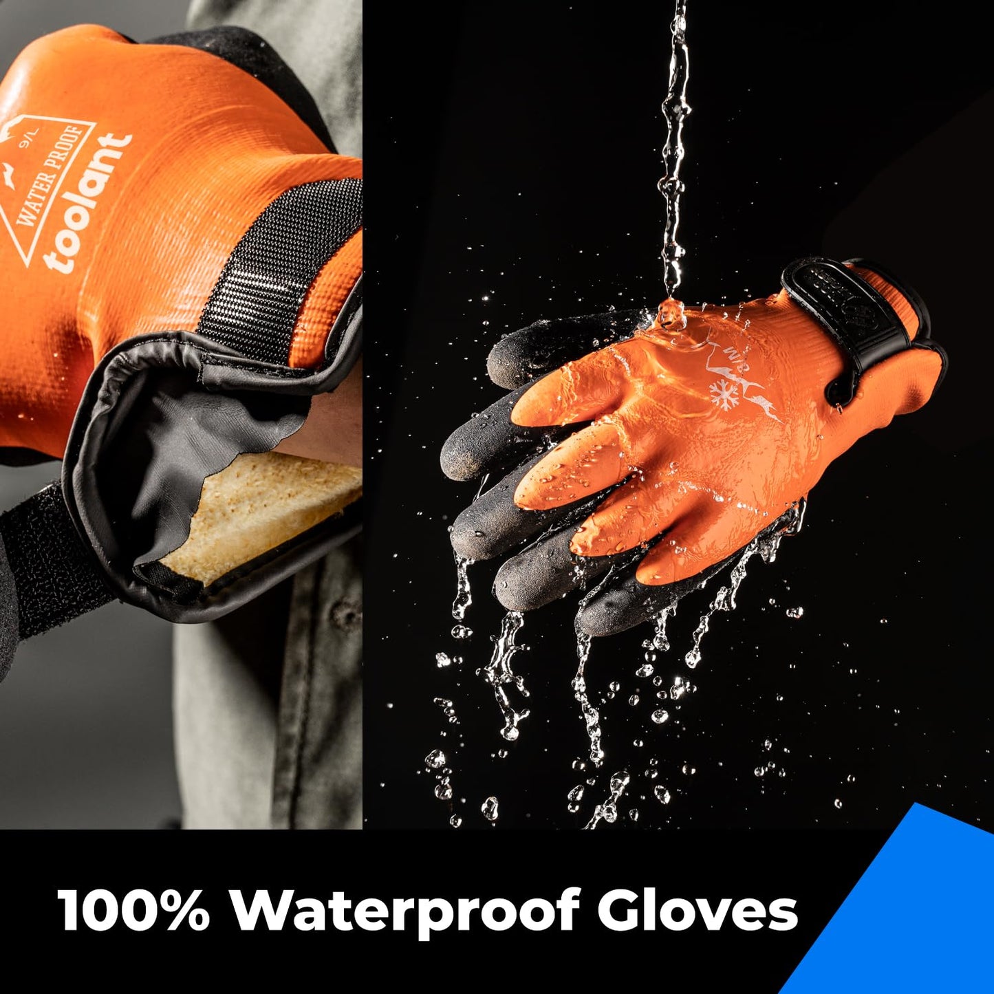toolant 100% Waterproof Gloves Bulk Pack, 3 Pairs, Winter Work Gloves for Cold Temperature, Touchsreen, Warm Gloves for Freezer, Fishing and Gardening, With Grip, Orange, XX-Large