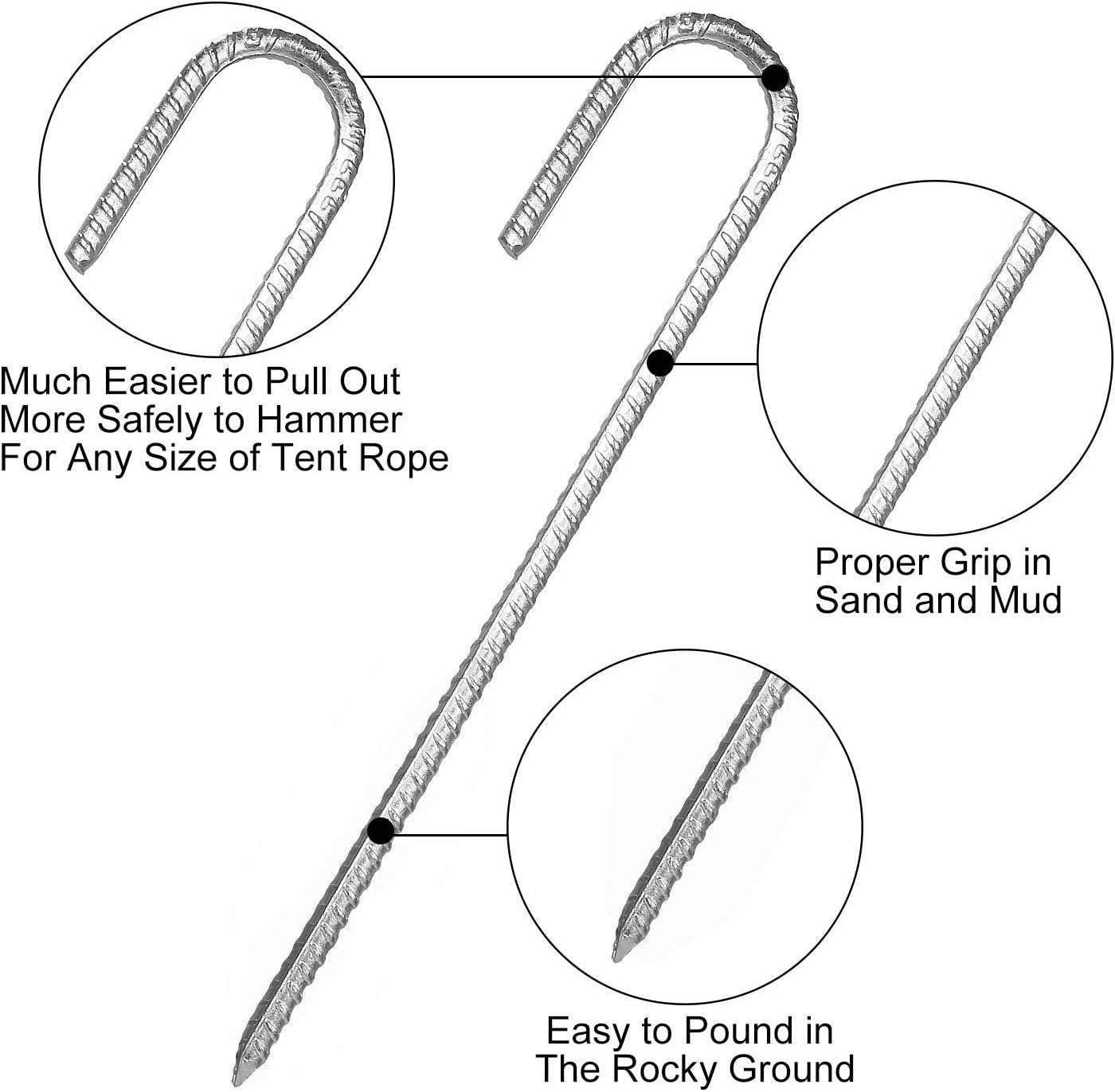 10Pack 12” Heavy Duty J Hook Ground Stakes, Galvanized Rebar Tent Stakes, Curved Steel Plant Support Garden Stake, Chisel Point End Stakes for Camping Tent, Swing Sets, Fence Stakes