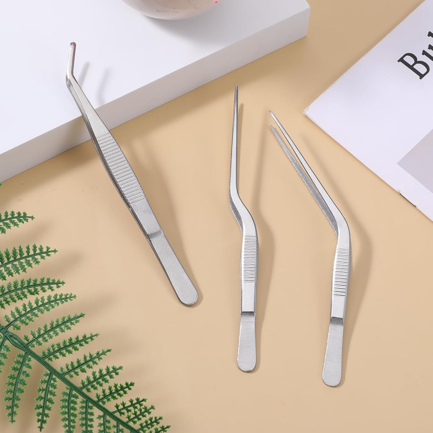 Garden Tweezers, 3 Pcs Stainless Steel Plant Tweezer Set Straight and Curved Precision Tweezers Multipurpose Bonsai Tools for Garden, Kitchen, Indoors and Outdoors (6.22Inch / 6.3Inch / 6.4Inch)