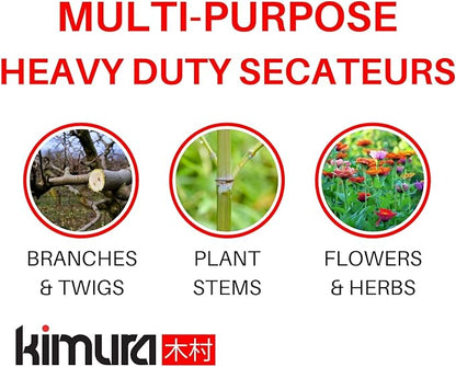 Kimura® 8" Pro Bypass Pruning Shears, Heavy Duty Japanese SK5 Steel Blades, 1 inch Cut Capacity, Non-Slip PVC Coated Handles, Lightweight & Ergonomic, Japanese Pruners, Professional Garden Clippers