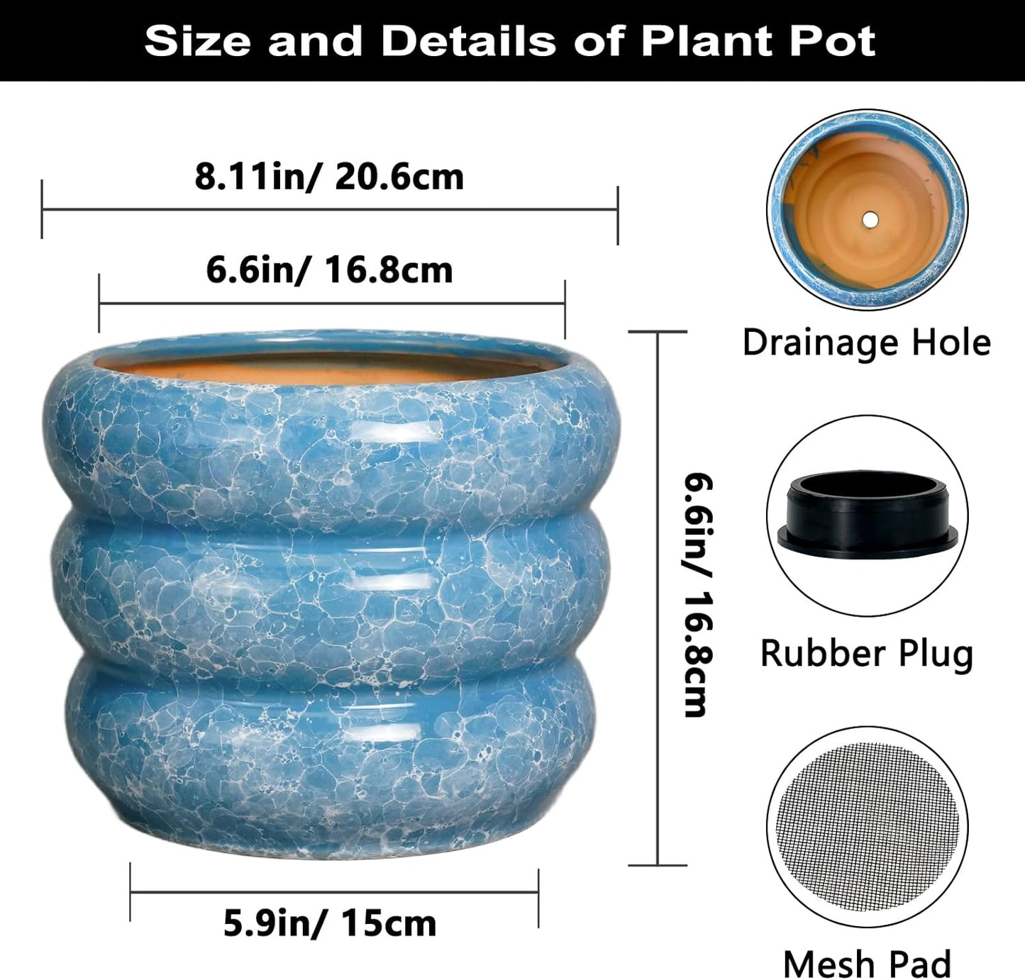 SQOWL 8 Inch Plant Pot with Drainage Hole - Ceramic Pot for Plants Outdoor Planter for Indoor Plants Decorative Plant Pot Medium Flower Pot Round Planter for Bathroom House Decor Blue