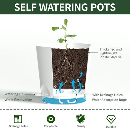4 Inch 10 Pack Small Self Watering Pots for Indoor Plants, Nursery Pot with Drainage Holes and Saucers, Plastic Small Flower Planter for Succulent, Aloe, Cacti and More (White)