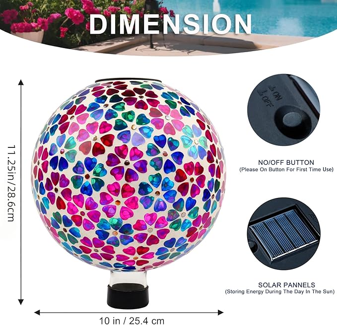 VOREEN Mosaic Solar Glass Gazing Ball, 10" Outdoor Multicolor Gazing Globe, Handmade IP44 Waterproof Garden Decor Sphere for Patio Lawn Yard, Gift for Mom Wife Friend, Heart Flower Design