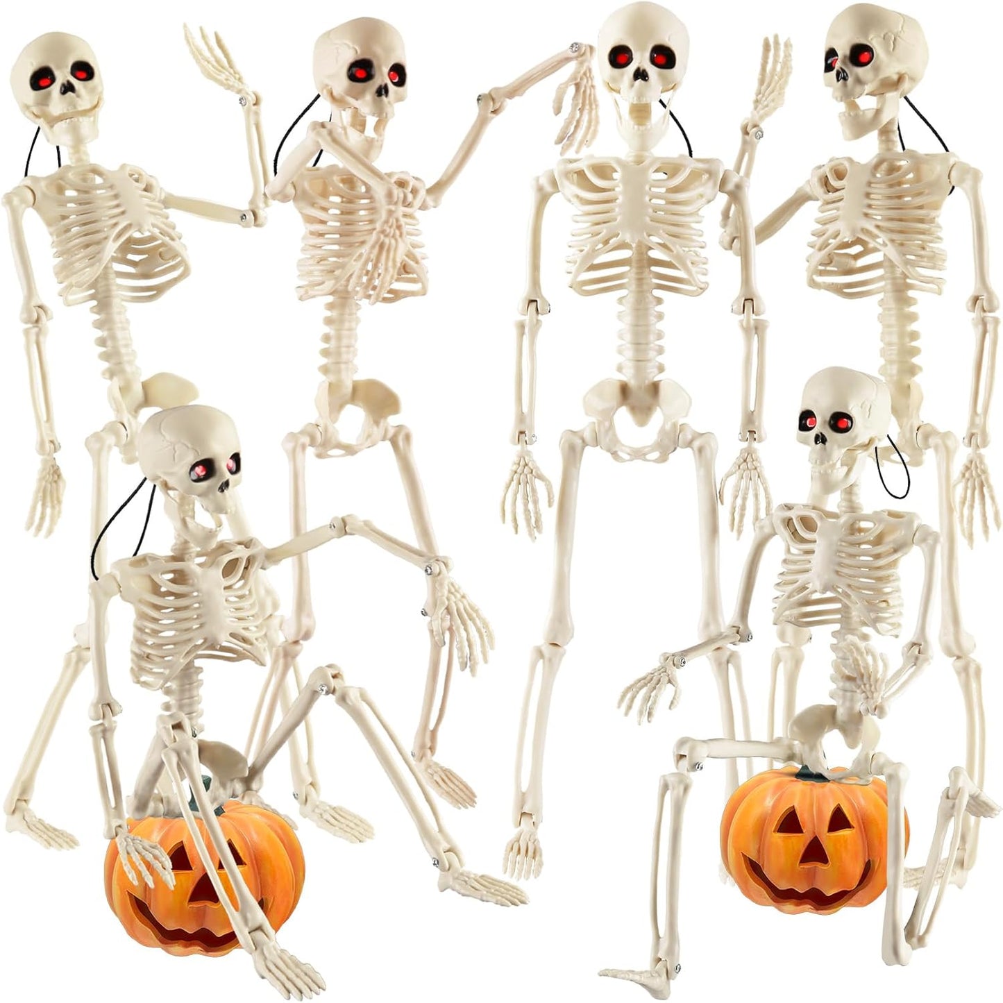 Remiawy Skeleton Halloween Decorations, 6 Pack 16” Full Body Posable Skeletons with Movable Joints, Small Plastic Hanging Props for Haunted House, Yard, Graveyard, Spooky Party Indoor Outdoor Decor