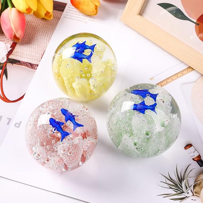 Decorative Crystal Ball Figurines Coral Fish Paperweight Blown Glass Decor Sea Art Ocean Lovers Gift Yellow 3.15"
