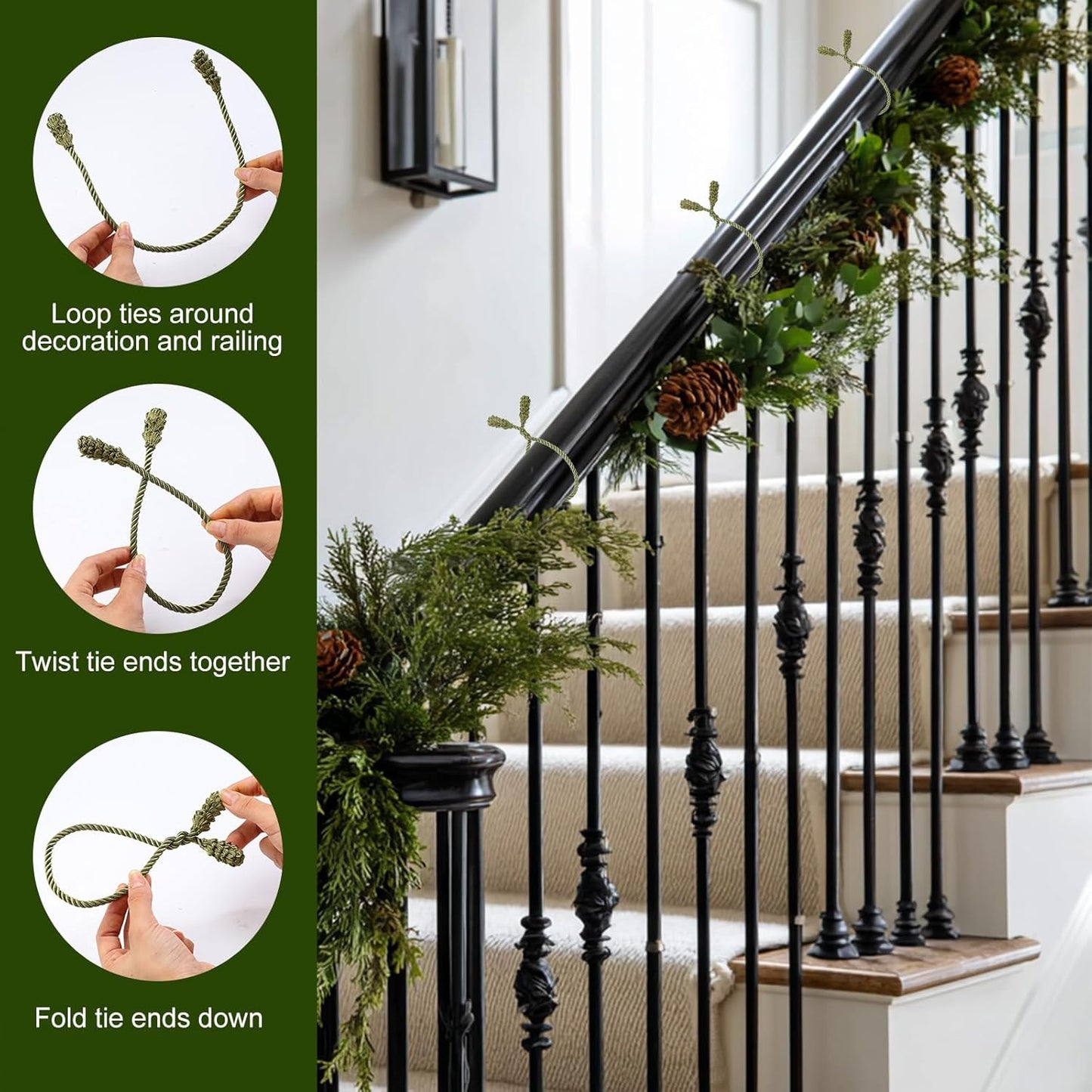 Shappy 12 Pieces Christmas Garland Banister Ties Christmas Decorative Reusable and Flexible Twist Ties for Garland, Banister Home Decoration (Olive Green)
